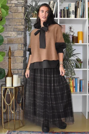 Enid Plaid Tulle Midi Skirt Chocolate